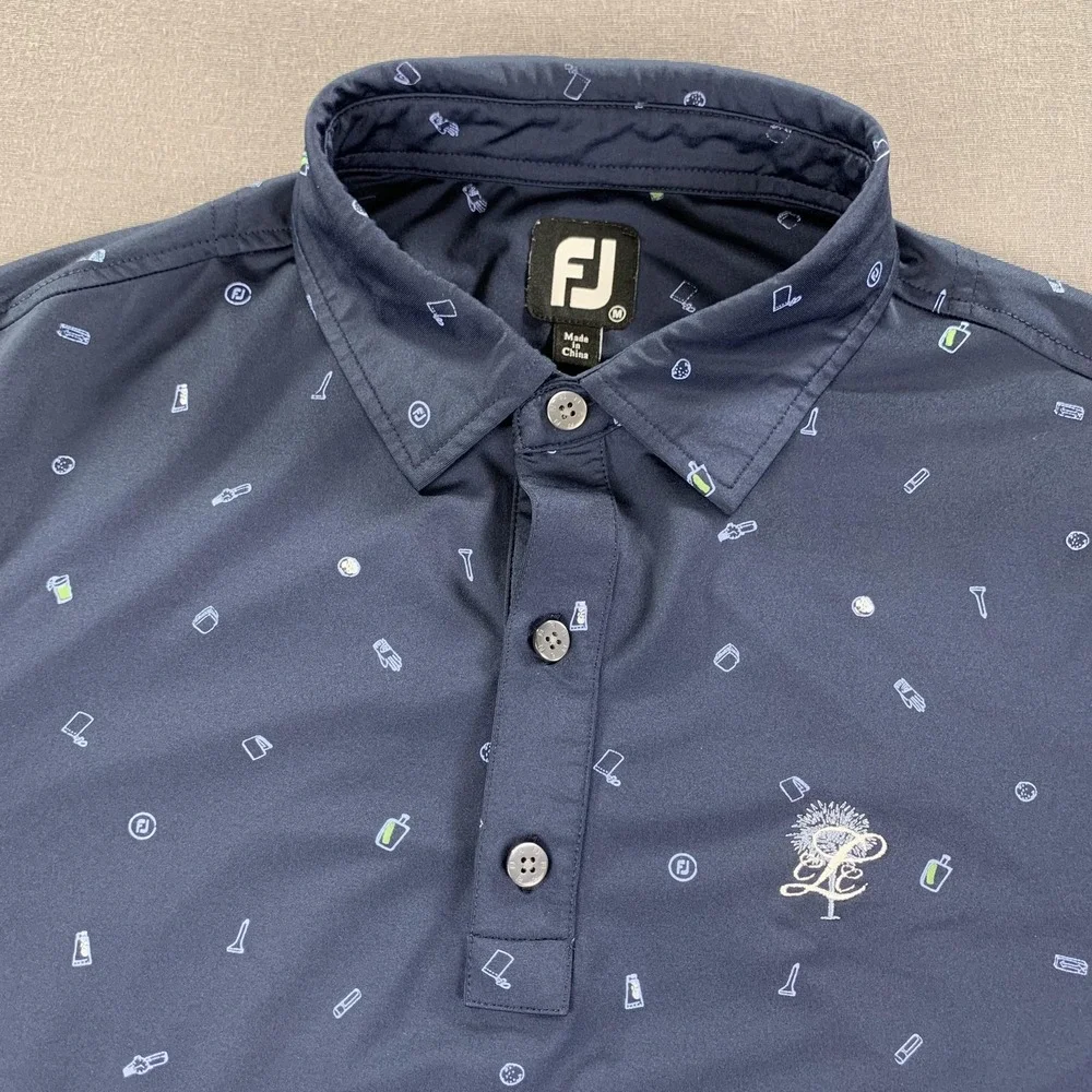 FootJoy Polo Shirt Mens Medium Blue Golf Icon AOP Allover Print Stretch CLC Logo